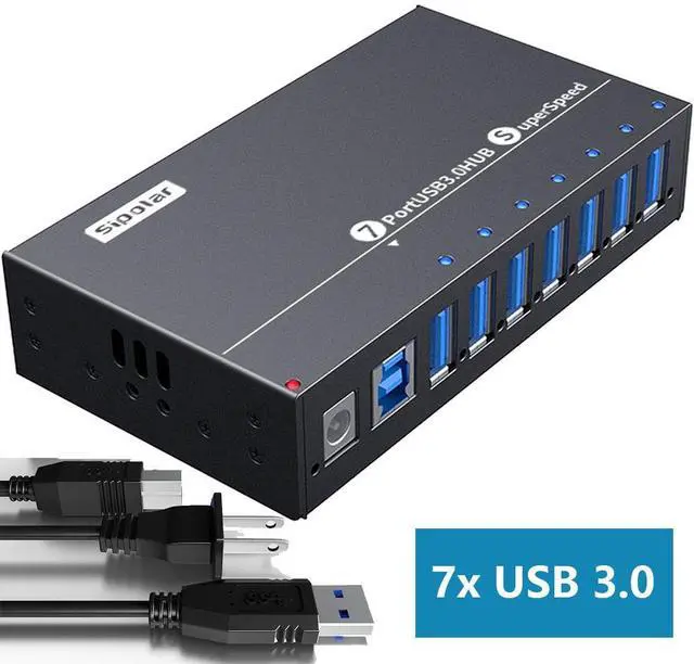 Main image of Powered USB Hub, 7-Port USB 3.0 Hub with LED Indicator Multiport USB Spilitter with 12V/3A/36W Power Adapter- Up to 5Gbps Sync & High-Speed Data Transfer - Mounting Brackets for Phone MB Laptop Tablet