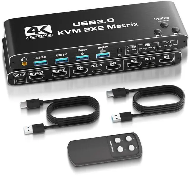 Main image of USB 3.0 HDMI KVM Switch 2 Monitors 2 Computers, HDMI Matrix 4 in 2 Out 4K 60Hz, HDMI KVM Switch for Dual Monitor, 4 Port HDMI Switcher Support USB 3.0,HDCP2.3, Hotkey,Extended with Remote Control