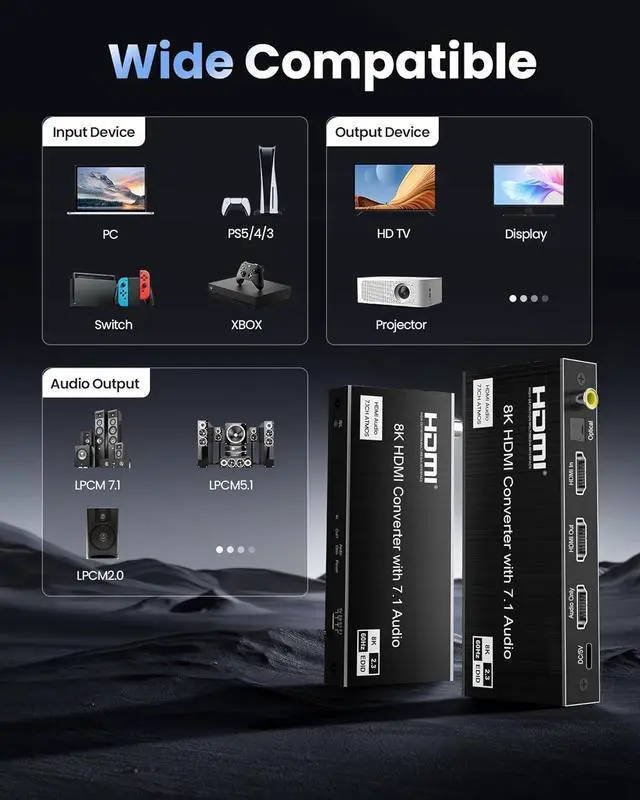 Alt view image 6 of 7 - 8K@60Hz 4K@120Hz HDMI 2.1 Audio Extractor Splitter with HDMI 7.1CH+Optical SPDIF/Coaxial 5.1CH+3.5mm Jack Audio Out, HDMI Audio Converter Support HDCP 2.3 VRR Compatible with Do-bb-ly Soundbar