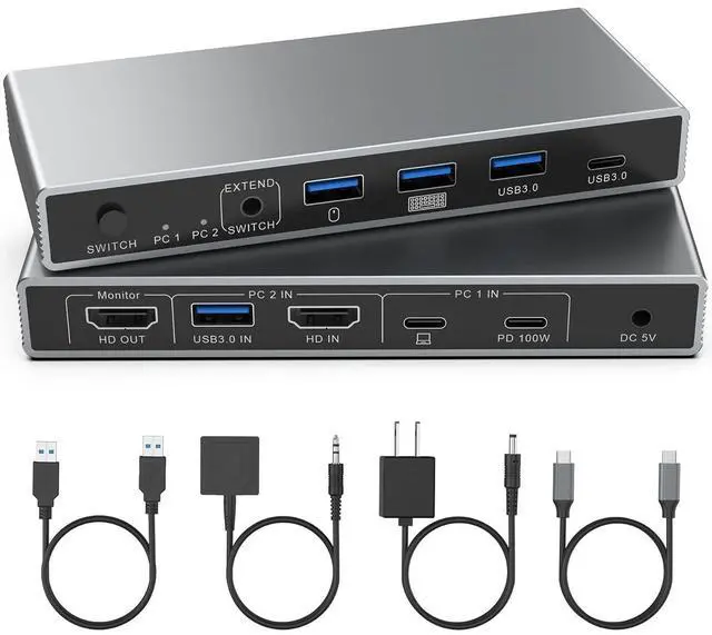 Main image of WRIARICH USB-C + HDMI KVM Switch 2 in 1 Out with 3 USB A+1 USB C 3.0 Ports, 4K@60Hz Aluminum HDMI KVM Switch for 1 Laptop & 1 Desktop Share 1 Monitor Keyboard Mouse Printer, with USB Cables/Controller