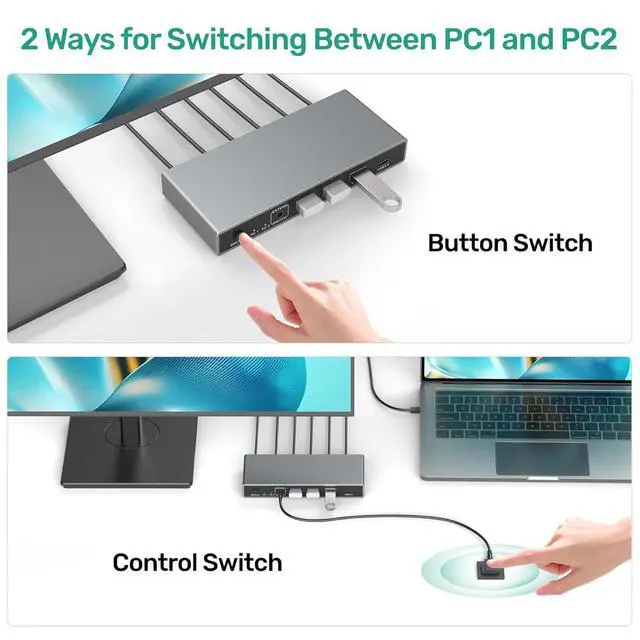Alt view image 6 of 7 - WRIARICH USB-C + HDMI KVM Switch 2 in 1 Out with 3 USB A+1 USB C 3.0 Ports, 4K@60Hz Aluminum HDMI KVM Switch for 1 Laptop & 1 Desktop Share 1 Monitor Keyboard Mouse Printer, with USB Cables/Controller