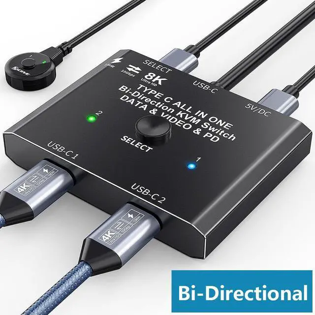 Main image of USB C Switch 2 in 1 Out / 1 in 2 Out, Bi-Directional USB C Switcher 2 Computers, USB C KVM Switch Support 8K @30Hz 4K @120Hz Video,10Gbps Data Transfer,2 USB-C Cables and Wired Controller Included