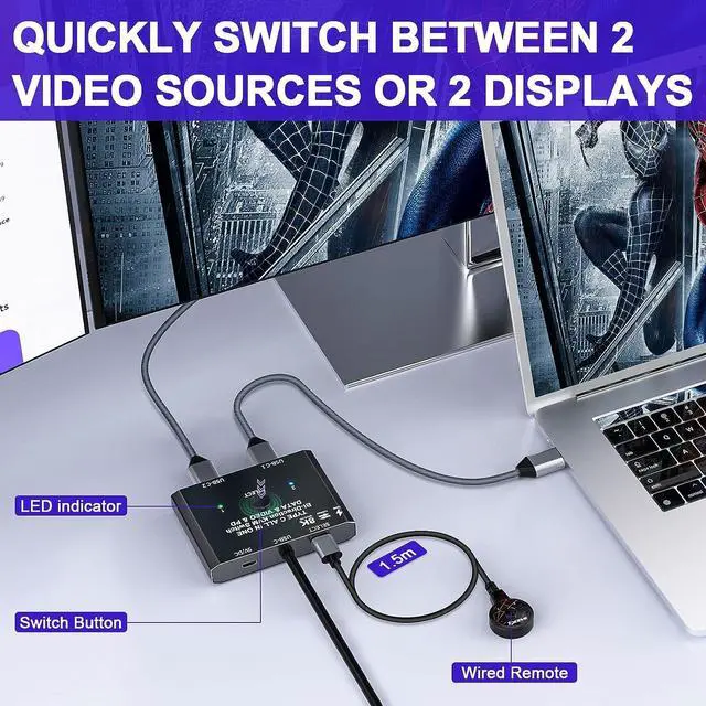 Alt view image 4 of 7 - USB C Switch 2 in 1 Out / 1 in 2 Out, Bi-Directional USB C Switcher 2 Computers, USB C KVM Switch Support 8K @30Hz 4K @120Hz Video,10Gbps Data Transfer,2 USB-C Cables and Wired Controller Included
