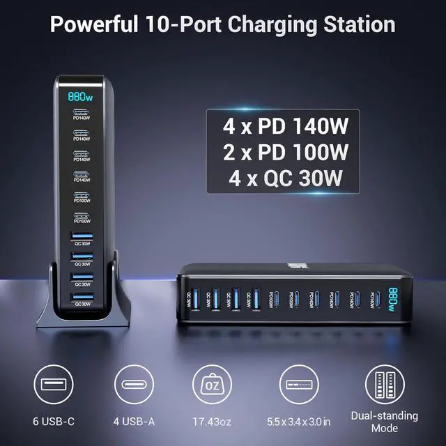 Alt view image 2 of 7 - WRIARICH 880W USB C Charger Block, 10-Port USB C Fast Charging Station Hub, Desktop 10 Port USB Charging Station for Multiple Devices for MacBook Pro/Air, Laptops, Smartphones etc..