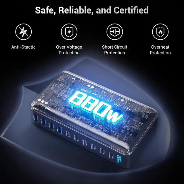 Alt view image 3 of 7 - WRIARICH 880W USB C Charger Block, 10-Port USB C Fast Charging Station Hub, Desktop 10 Port USB Charging Station for Multiple Devices for MacBook Pro/Air, Laptops, Smartphones etc..