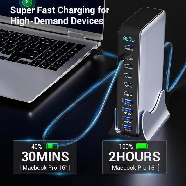 Alt view image 4 of 7 - WRIARICH 880W USB C Charger Block, 10-Port USB C Fast Charging Station Hub, Desktop 10 Port USB Charging Station for Multiple Devices for MacBook Pro/Air, Laptops, Smartphones etc..