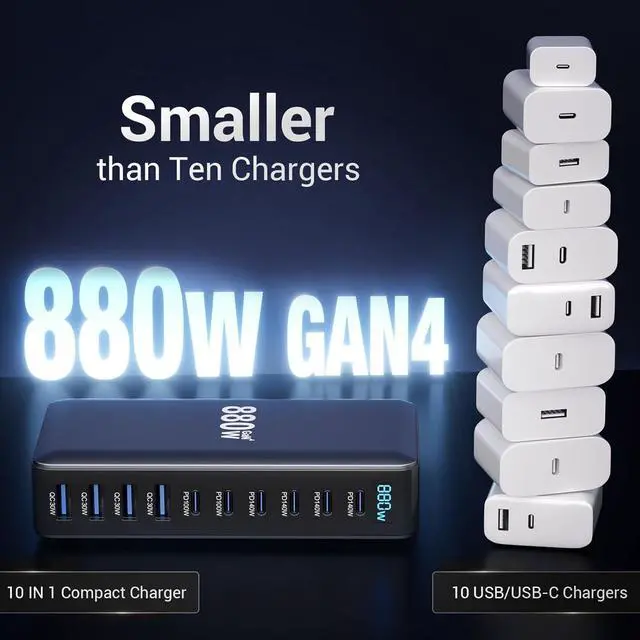 Alt view image 5 of 7 - WRIARICH 880W USB C Charger Block, 10-Port USB C Fast Charging Station Hub, Desktop 10 Port USB Charging Station for Multiple Devices for MacBook Pro/Air, Laptops, Smartphones etc..