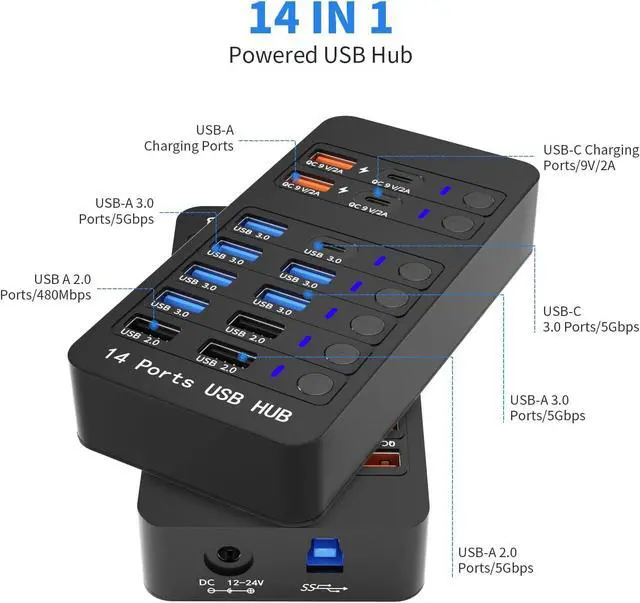 Alt view image 2 of 7 - Powered USB 3.0 Hub, 14 Ports Powered USB 3.0 Splitter Hub with 4 Smart Charging Ports, 10 USB A Ports, Individual On/Off Switches, 12V-24V Power Adapter, USB 3.0 5Gbps High Speed Transfer, USB