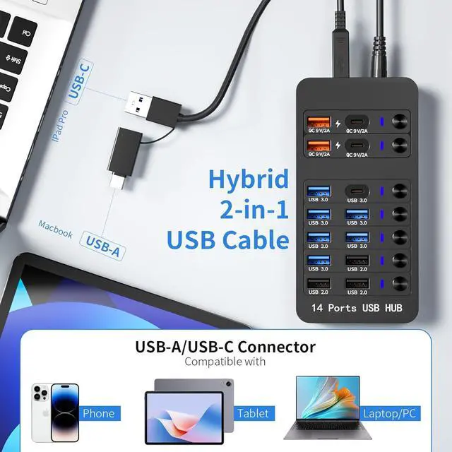 Alt view image 6 of 7 - Powered USB 3.0 Hub, 14 Ports Powered USB 3.0 Splitter Hub with 4 Smart Charging Ports, 10 USB A Ports, Individual On/Off Switches, 12V-24V Power Adapter, USB 3.0 5Gbps High Speed Transfer, USB