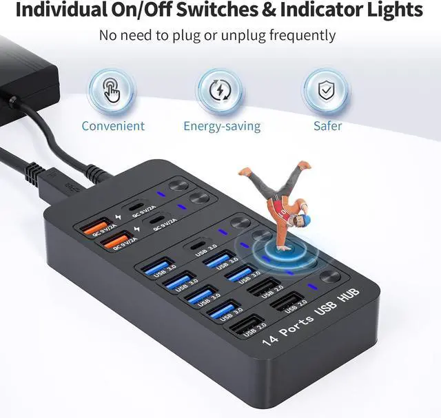 Alt view image 5 of 7 - Powered USB 3.0 Hub, 14 Ports Powered USB 3.0 Splitter Hub with 4 Smart Charging Ports, 10 USB A Ports, Individual On/Off Switches, 12V-24V Power Adapter, USB 3.0 5Gbps High Speed Transfer, USB