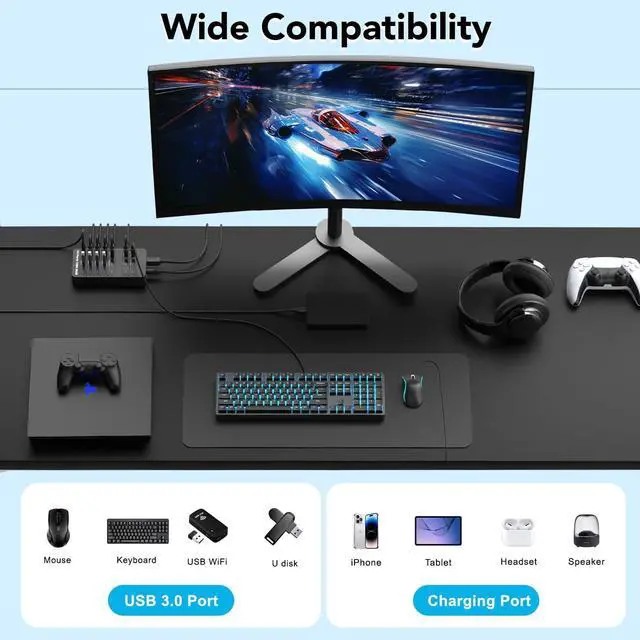 Alt view image 7 of 7 - Powered USB 3.0 Hub, 14 Ports Powered USB 3.0 Splitter Hub with 4 Smart Charging Ports, 10 USB A Ports, Individual On/Off Switches, 12V-24V Power Adapter, USB 3.0 5Gbps High Speed Transfer, USB