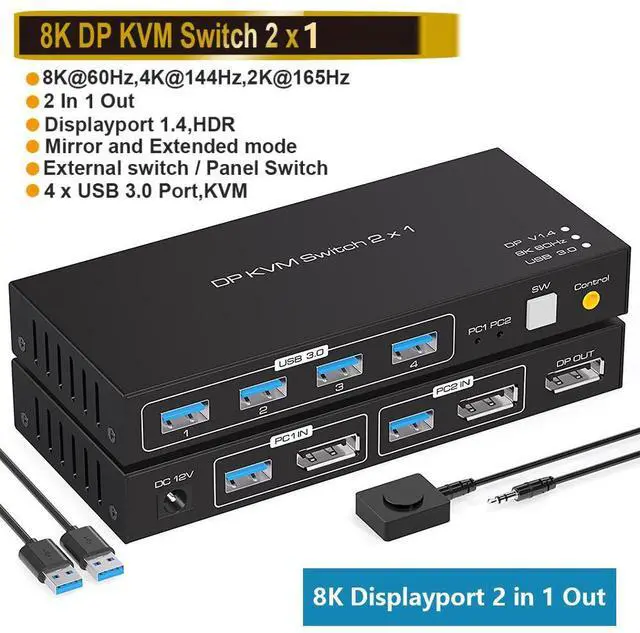 Main image of 2 Port Displayport KVM Switch 2 in 1 Out, Support 4K @120HZ 8K @60HZ DP 1.4 USB 3.0 KVM Switcher for 2 Computers Share Keyboard Mouse Printer with 4x USB 3.0 Includes Desktop Control and 2 USB Cables