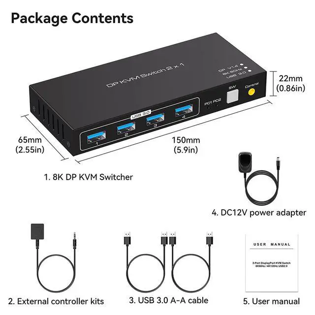 Alt view image 7 of 7 - 2 Port Displayport KVM Switch 2 in 1 Out, Support 4K @120HZ 8K @60HZ DP 1.4 USB 3.0 KVM Switcher for 2 Computers Share Keyboard Mouse Printer with 4x USB 3.0 Includes Desktop Control and 2 USB Cables