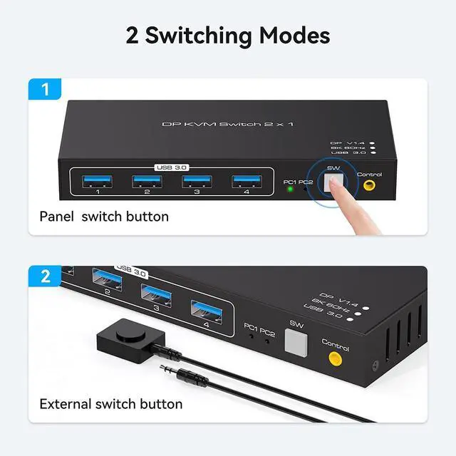 Alt view image 5 of 7 - 2 Port Displayport KVM Switch 2 in 1 Out, Support 4K @120HZ 8K @60HZ DP 1.4 USB 3.0 KVM Switcher for 2 Computers Share Keyboard Mouse Printer with 4x USB 3.0 Includes Desktop Control and 2 USB Cables