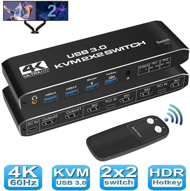 Main image of WRIARICH USB 3.0 HDMI KVM Switch 2 Monitors 2 Computers, 4K@60Hz Dual Monitor HDMI KVM switches 2 in 2 Out with Audio, USB 3.0 Hub Share Keyboard Video Mouse Peripherals, Hotkey,Black
