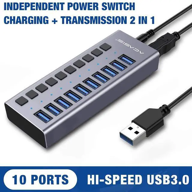 Alt view image 2 of 7 - WRIARICH Powered USB Hub - 10 Ports 48W USB 3.0 Data Hub - with Individual On/Off Switches and 12V/4A Power Adapter USB Hub 3.0 Splitter for Laptop, PC, Computer, Mobile HDD, Flash Drive and More