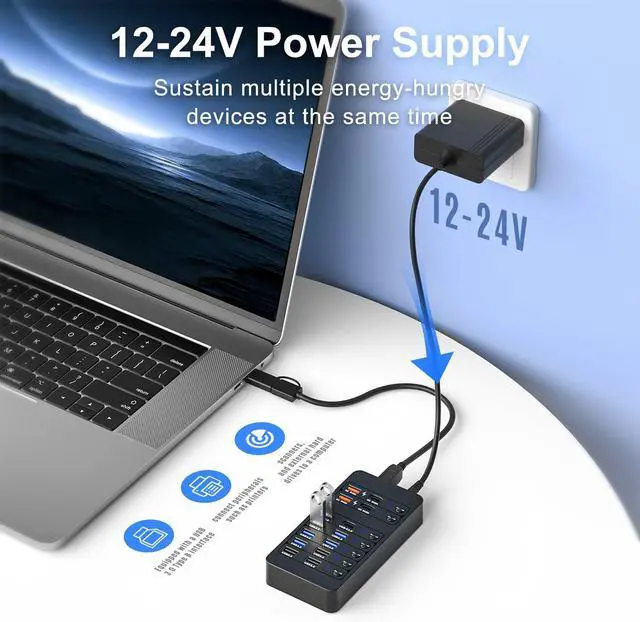 Alt view image 4 of 7 - Powered USB Hub,14 Ports USB Data Hub Splitter with 6 USB 3.0 Port,4 Charging Port,1 USB-C 3.0 Data Port,1 PD 60W Charging Port w LED Individual On/Off Switches for MacBook, Mac Pro, Laptop/PC