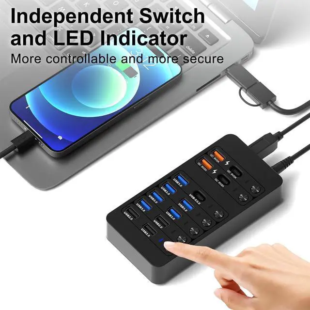Alt view image 5 of 7 - Powered USB Hub,14 Ports USB Data Hub Splitter with 6 USB 3.0 Port,4 Charging Port,1 USB-C 3.0 Data Port,1 PD 60W Charging Port w LED Individual On/Off Switches for MacBook, Mac Pro, Laptop/PC