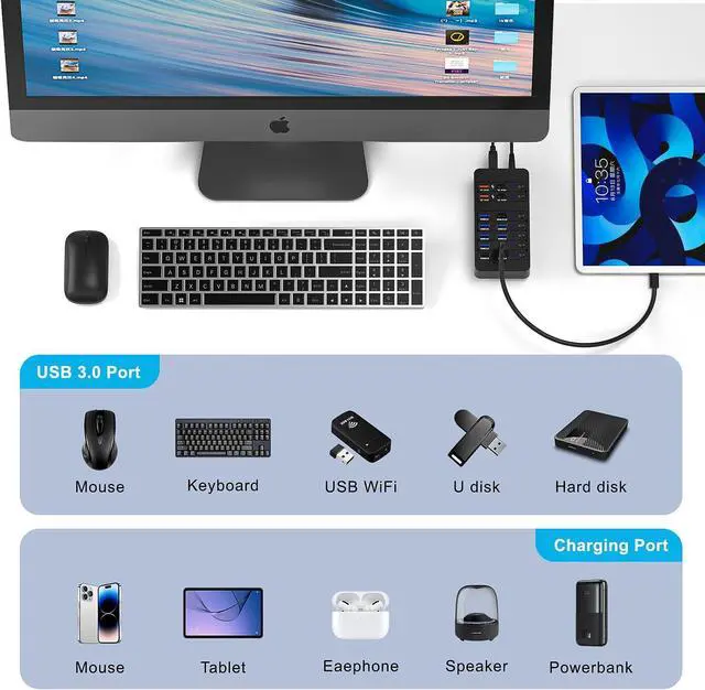 Alt view image 6 of 7 - Powered USB Hub,14 Ports USB Data Hub Splitter with 6 USB 3.0 Port,4 Charging Port,1 USB-C 3.0 Data Port,1 PD 60W Charging Port w LED Individual On/Off Switches for MacBook, Mac Pro, Laptop/PC