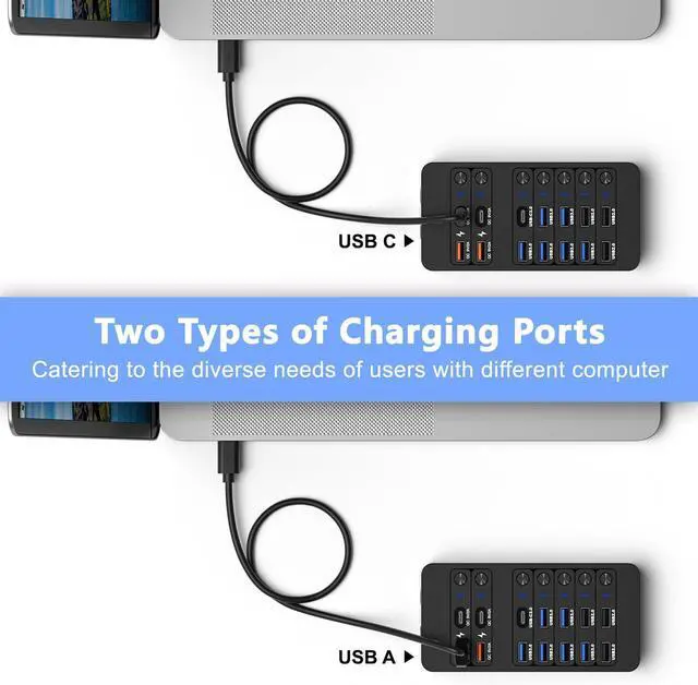 Alt view image 7 of 7 - Powered USB Hub,14 Ports USB Data Hub Splitter with 6 USB 3.0 Port,4 Charging Port,1 USB-C 3.0 Data Port,1 PD 60W Charging Port w LED Individual On/Off Switches for MacBook, Mac Pro, Laptop/PC