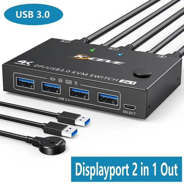Main image of USB 3.0 KVM Switch Displayport 8K@30Hz 4K@120Hz, 2 Port Displayport KVM Switch 2 PC 1 Monitor Support DP1.4 Compatible with D1.2, DP KVM Switch 2 in 1 Out Includes 2 USB3.0 Cables and Wired Controller