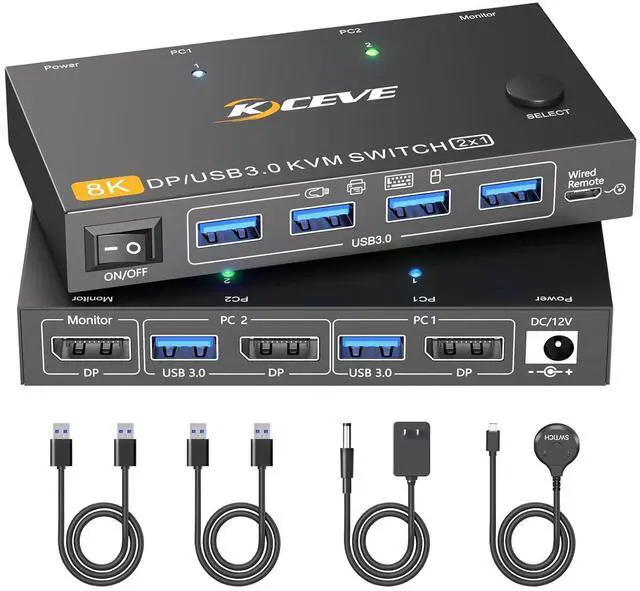 Main image of WRIARICH 2 in 1 Out DisplayPort KVM Switch 2 Computers 1 Monitor, 8K@60Hz/4K@240Hz 2 Ports DP KVM Switch for 2 PC 1 Monitor to Share Mouse,Keyboard,2 USB 3.0 Cables and Wired Controller Included