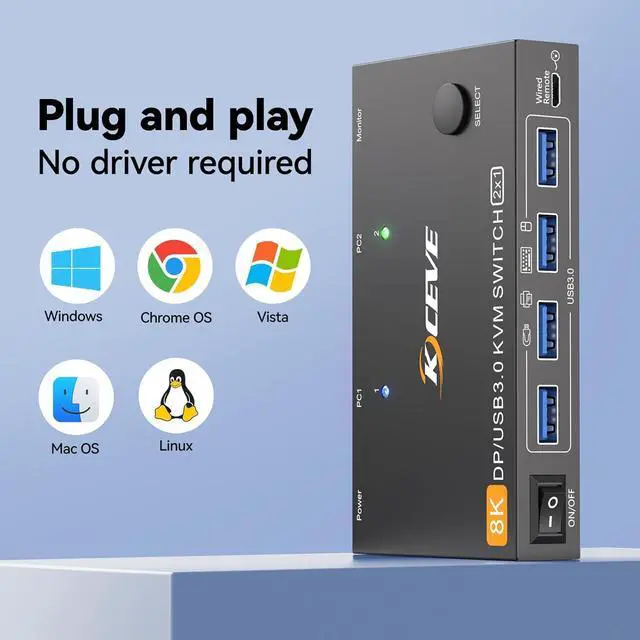 Alt view image 5 of 7 - WRIARICH 2 in 1 Out DisplayPort KVM Switch 2 Computers 1 Monitor, 8K@60Hz/4K@240Hz 2 Ports DP KVM Switch for 2 PC 1 Monitor to Share Mouse,Keyboard,2 USB 3.0 Cables and Wired Controller Included