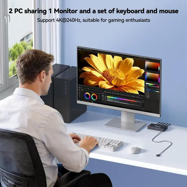Alt view image 3 of 7 - WRIARICH 2 in 1 Out DisplayPort KVM Switch 2 Computers 1 Monitor, 8K@60Hz/4K@240Hz 2 Ports DP KVM Switch for 2 PC 1 Monitor to Share Mouse,Keyboard,2 USB 3.0 Cables and Wired Controller Included