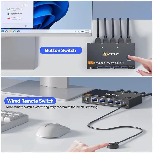 Alt view image 4 of 7 - WRIARICH 2 in 1 Out DisplayPort KVM Switch 2 Computers 1 Monitor, 8K@60Hz/4K@240Hz 2 Ports DP KVM Switch for 2 PC 1 Monitor to Share Mouse,Keyboard,2 USB 3.0 Cables and Wired Controller Included