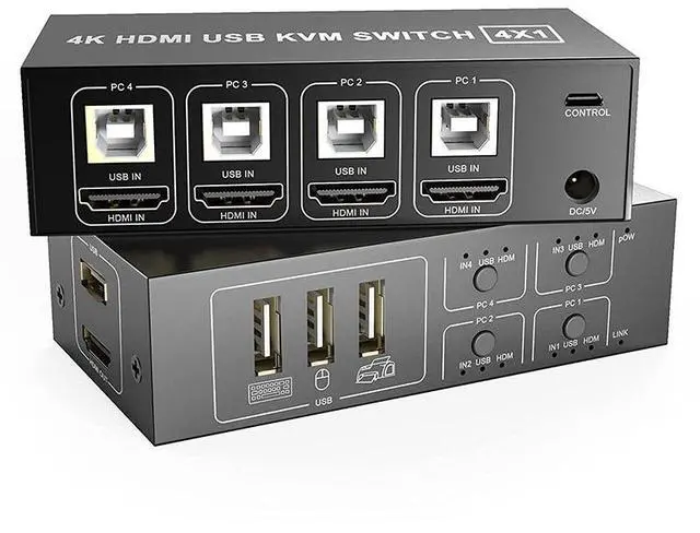 Main image of KVM Switch HDMI 4 Port Box, 4 in 1 Out KVM Switch 4 Computers Share Keyboard Mouse Printer Monitor Support HUD 4K @60Hz for Laptop,PC,Xbox HDTV, with 4* USB Cable,1* Switch Button&Cable,1* Power Cable
