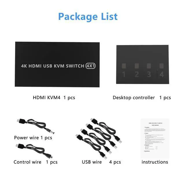 Alt view image 7 of 7 - KVM Switch HDMI 4 Port Box, 4 in 1 Out KVM Switch 4 Computers Share Keyboard Mouse Printer Monitor Support HUD 4K @60Hz for Laptop,PC,Xbox HDTV, with 4* USB Cable,1* Switch Button&Cable,1* Power Cable
