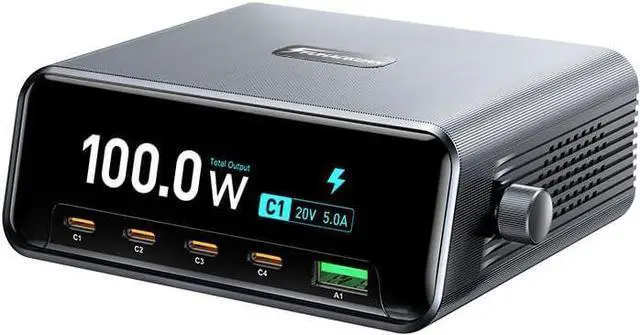 Main image of Desktop Charging Station, 100W 5-Port GaN Fast USB C Charger with LCD Smart Display & Control Knob, Gaming Desk Charger for Multiple Devices, Compatible with MacBook, iPhone, iPad, Galaxy, Home
