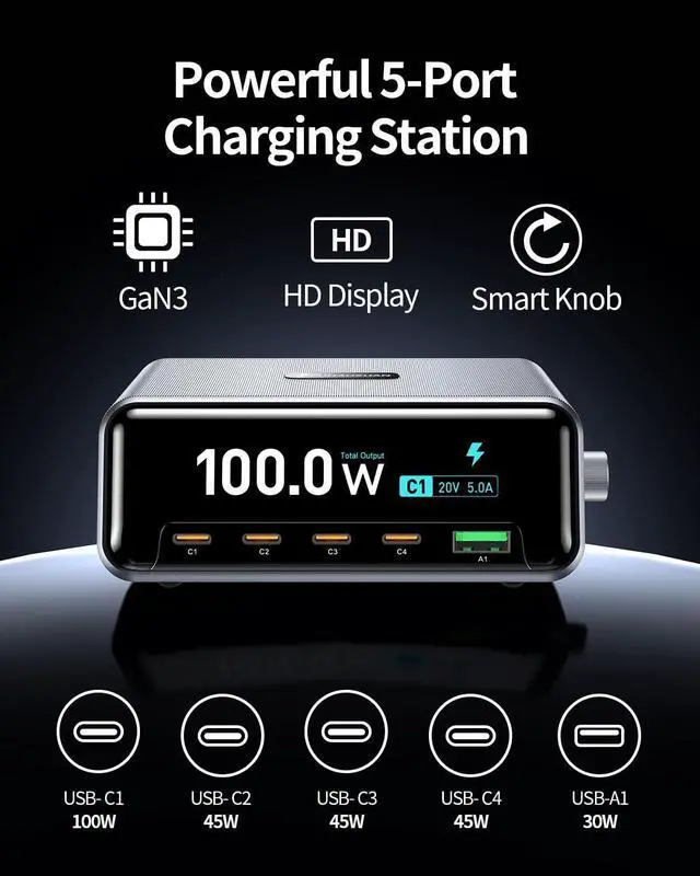 Alt view image 2 of 7 - Desktop Charging Station, 100W 5-Port GaN Fast USB C Charger with LCD Smart Display & Control Knob, Gaming Desk Charger for Multiple Devices, Compatible with MacBook, iPhone, iPad, Galaxy, Home