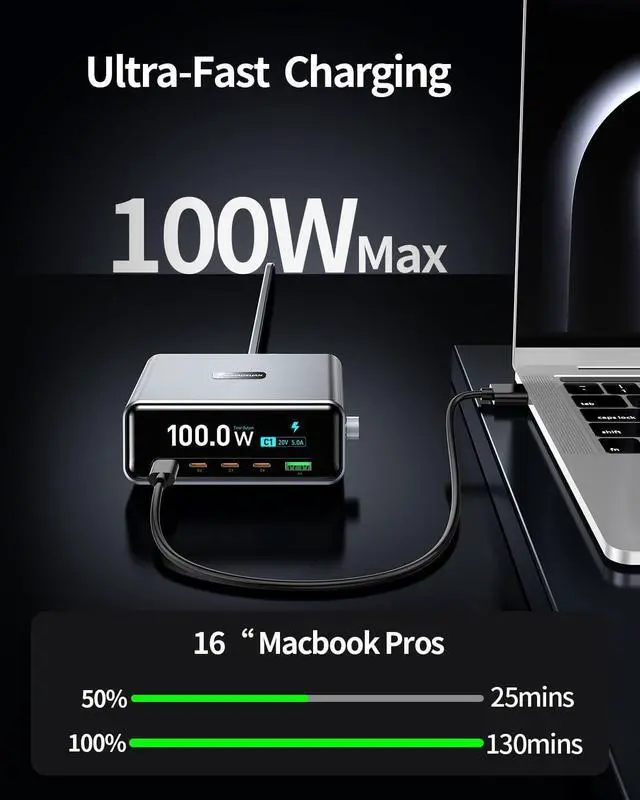 Alt view image 3 of 7 - Desktop Charging Station, 100W 5-Port GaN Fast USB C Charger with LCD Smart Display & Control Knob, Gaming Desk Charger for Multiple Devices, Compatible with MacBook, iPhone, iPad, Galaxy, Home