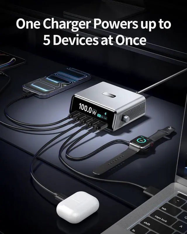 Alt view image 4 of 7 - Desktop Charging Station, 100W 5-Port GaN Fast USB C Charger with LCD Smart Display & Control Knob, Gaming Desk Charger for Multiple Devices, Compatible with MacBook, iPhone, iPad, Galaxy, Home