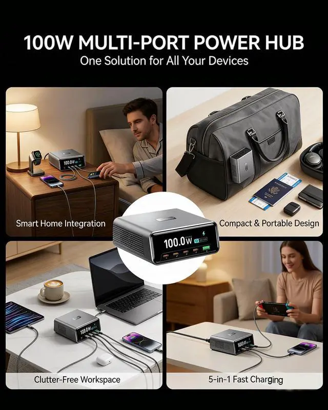 Alt view image 7 of 7 - Desktop Charging Station, 100W 5-Port GaN Fast USB C Charger with LCD Smart Display & Control Knob, Gaming Desk Charger for Multiple Devices, Compatible with MacBook, iPhone, iPad, Galaxy, Home