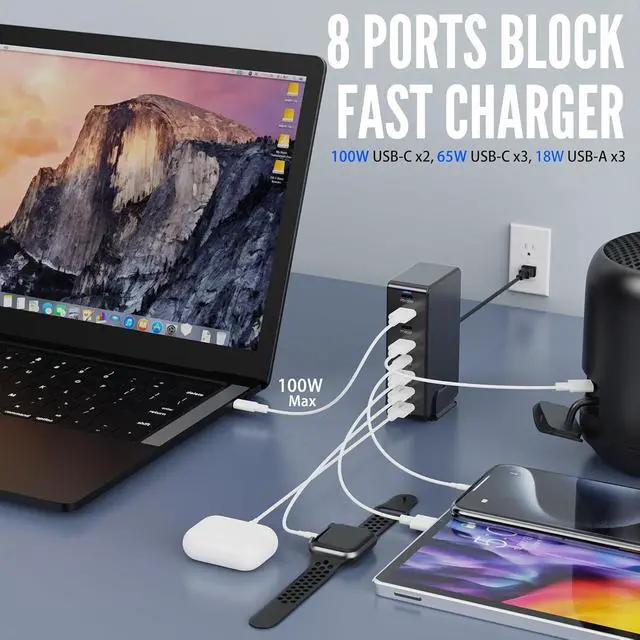 Alt view image 2 of 7 - 8 Ports USB Charging Station for Multiple Device 440W, GAN3 USB C Charger Block, Dual PD 100W Laptop Charger Hub 8 Ports USB Charger Block Compatible with MacBook Pro/Air i-Phone/Galaxy giyqxHw