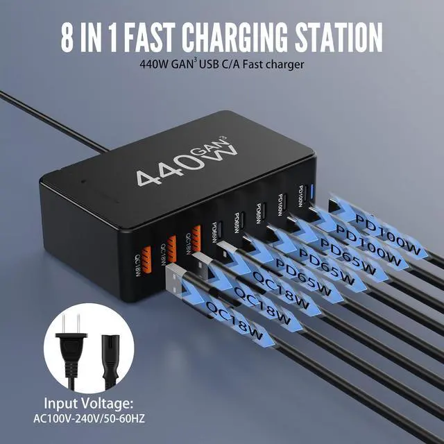 Alt view image 3 of 7 - 8 Ports USB Charging Station for Multiple Device 440W, GAN3 USB C Charger Block, Dual PD 100W Laptop Charger Hub 8 Ports USB Charger Block Compatible with MacBook Pro/Air i-Phone/Galaxy giyqxHw