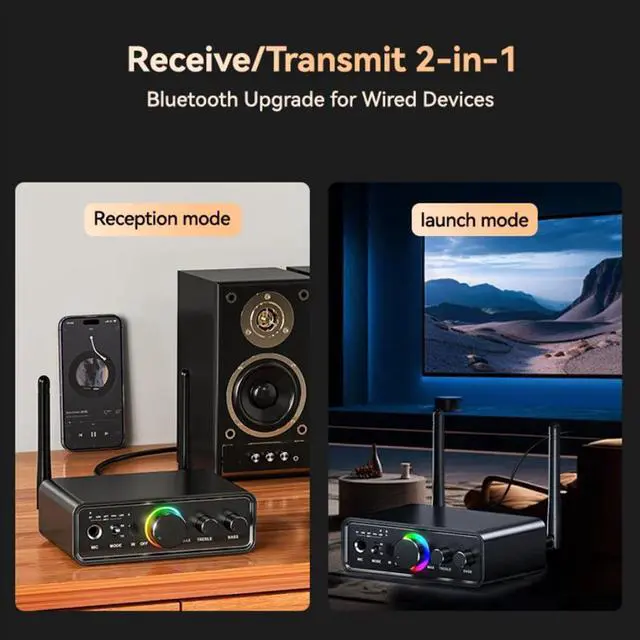 Alt view image 4 of 7 - WRIARICH RGB Bluetooth 5.3 Audio Transmitter Receiver for Home Stereo TV, HiFi Wireless Bluetooth Low Latency Audio Adapter, Support DAC/AUX/RCA/USB/Coaxial/Optical/6.5MM Microphone Karaoke Hifi DSP