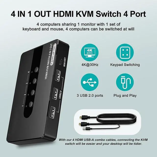 Alt view image 2 of 7 - HDMI KVM Switch 4 Computers 1 Monitor, 4 Port HDMI KVM Switch Support 4K@30HZ with 3 USB 2.0 Port to Share Keyboard Mouse Printer, 4 in 1 Out HDMI Monitor KVM Switch with Remote Control& Button Switch