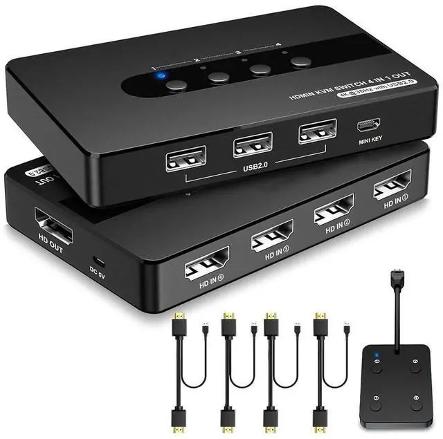 Main image of HDMI KVM Switch 4 Computers 1 Monitor, 4 Port HDMI KVM Switch Support 4K@30HZ with 3 USB 2.0 Port to Share Keyboard Mouse Printer, 4 in 1 Out HDMI Monitor KVM Switch with Remote Control& Button Switch