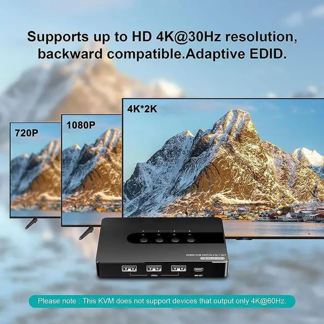 Alt view image 5 of 7 - HDMI KVM Switch 4 Computers 1 Monitor, 4 Port HDMI KVM Switch Support 4K@30HZ with 3 USB 2.0 Port to Share Keyboard Mouse Printer, 4 in 1 Out HDMI Monitor KVM Switch with Remote Control& Button Switch