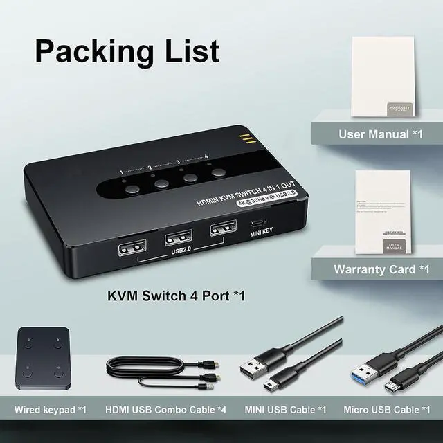 Alt view image 7 of 7 - HDMI KVM Switch 4 Computers 1 Monitor, 4 Port HDMI KVM Switch Support 4K@30HZ with 3 USB 2.0 Port to Share Keyboard Mouse Printer, 4 in 1 Out HDMI Monitor KVM Switch with Remote Control& Button Switch