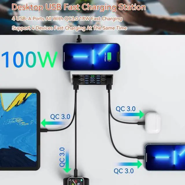 Alt view image 5 of 7 - WRIARICH 100W 8-Port Type C PD & USB Charging Station for Multiple Devices with 4 USB QC 3.0 + 4 USB C PD Ports, Wireless Charger, Multi Port USB PD Fast Charging Hub for i-Phone, Android Cellphones..
