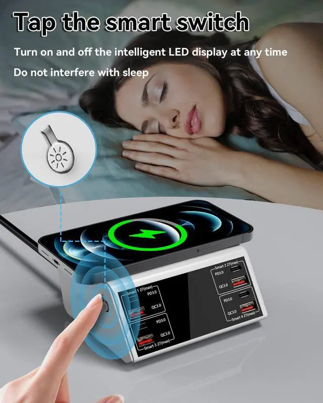 Alt view image 6 of 7 - WRIARICH 100W 8-Port Type C PD & USB Charging Station for Multiple Devices with 4 USB QC 3.0 + 4 USB C PD Ports, Wireless Charger, Multi Port USB PD Fast Charging Hub for i-Phone, Android Cellphones..