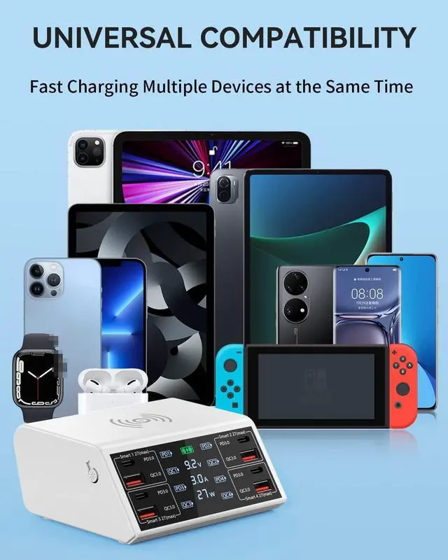 Alt view image 7 of 7 - WRIARICH 100W 8-Port Type C PD & USB Charging Station for Multiple Devices with 4 USB QC 3.0 + 4 USB C PD Ports, Wireless Charger, Multi Port USB PD Fast Charging Hub for i-Phone, Android Cellphones..