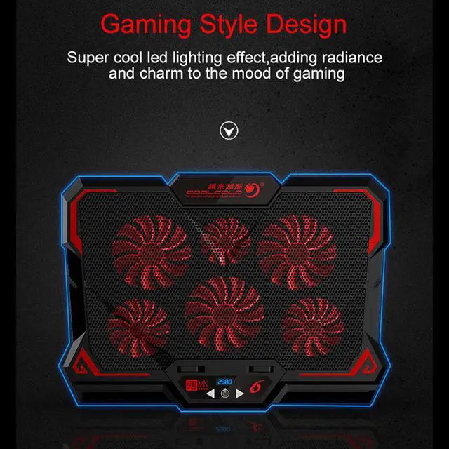 Alt view image 5 of 7 - WRIARICH Gaming Laptop Cooler Notebook Cooling Pad 6 Silent Red LED Fans Powerful Air Flow Portable Adjustable Laptop Stand 2600RPM Laptop Cooling Pad