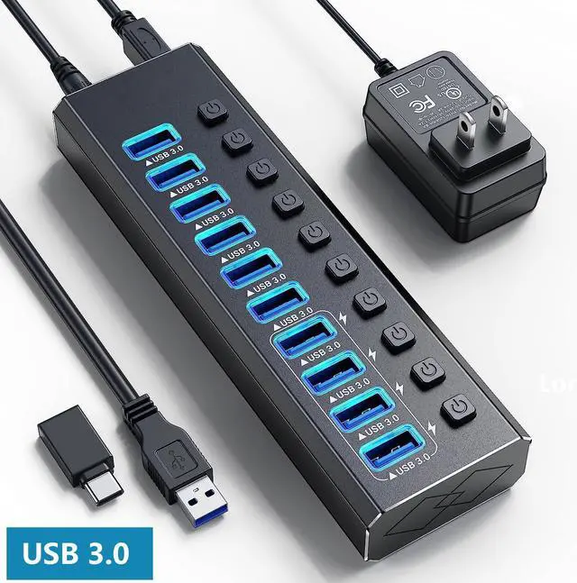 Main image of Powered USB 3.0 Hub, 10-Port Powered USB Hub 3.0 with Individual Switch, Aluminum Alloy Fast Charging USB 3.0 Hub USB Expander Compatible with All USB Devices Laptops Desktops (12V 4A Power Adapter)