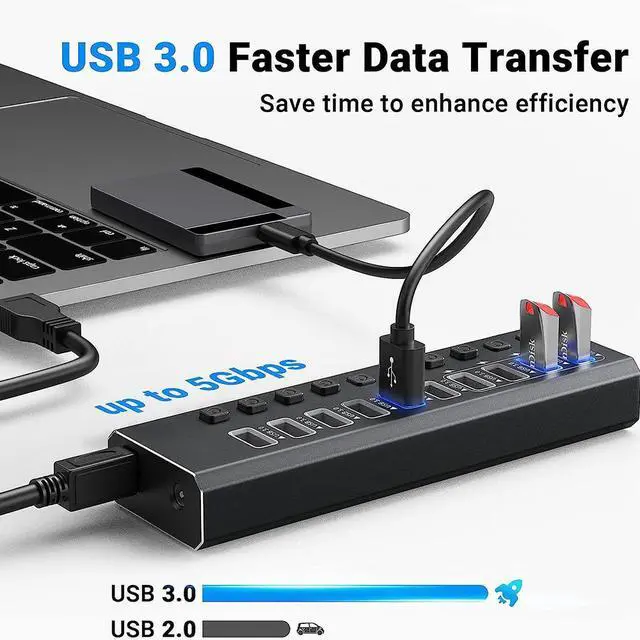 Alt view image 3 of 7 - Powered USB 3.0 Hub, 10-Port Powered USB Hub 3.0 with Individual Switch, Aluminum Alloy Fast Charging USB 3.0 Hub USB Expander Compatible with All USB Devices Laptops Desktops (12V 4A Power Adapter)
