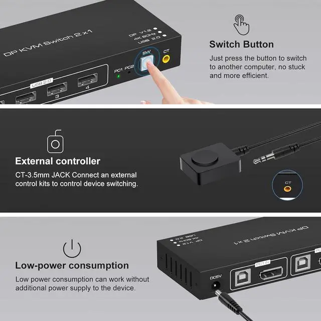 Alt view image 4 of 7 - WRIARICH 2 Port Displayport KVM Switch 4K @60Hz, USB 2.0 DP 1.2 DP KVM Switches for 2 PC 1 Monitor Switch, DP KVM Switch 2 in 1 Out Support Wire-Desktop Controller Including 2 USB 2.0 Cable